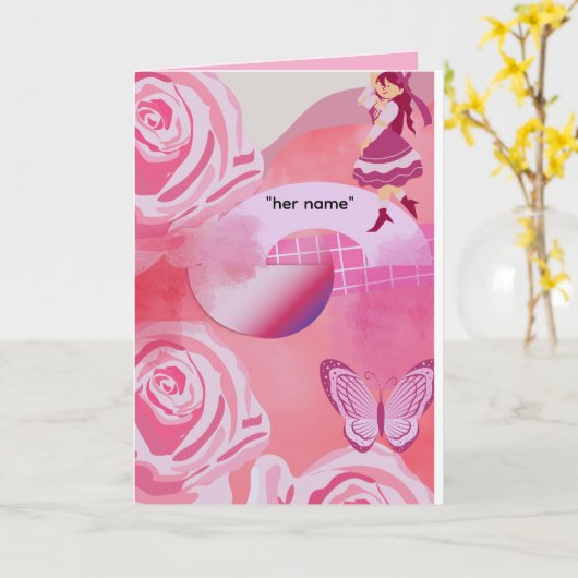 - Pastel Pink Coquette Girl  Folded Greeting Card カード (黄色い花)