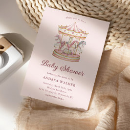 Pastel Pink Cute Carousel Girl Baby Shower 招待状