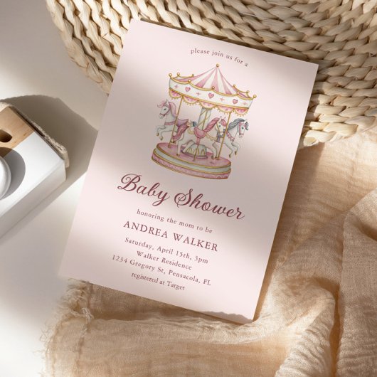 Pastel Pink Cute Carousel Girl Baby Shower 招待状