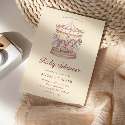 Pastel Pink Cute Carousel Girl Baby Shower 招待状