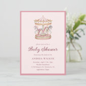 Pastel Pink Cute Carousel Girl Baby Shower 招待状 (スタンド正面)