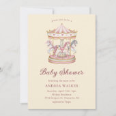 Pastel Pink Cute Carousel Girl Baby Shower 招待状 (正面)