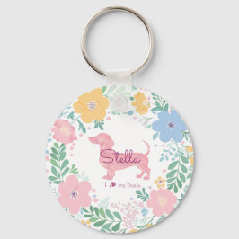 Pastel Pink Dachshund Name & Photo with Wreath キーホルダー