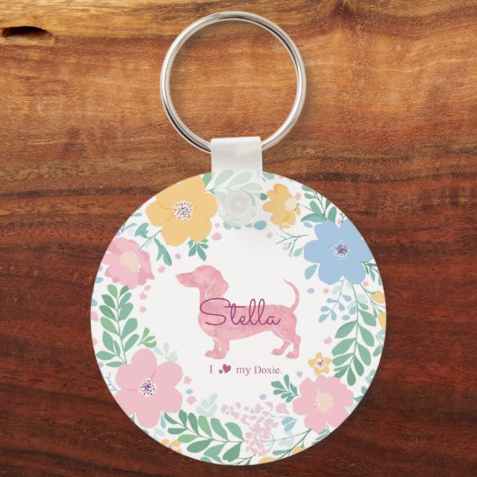 Pastel Pink Dachshund Name & Photo with Wreath キーホルダー (正面)