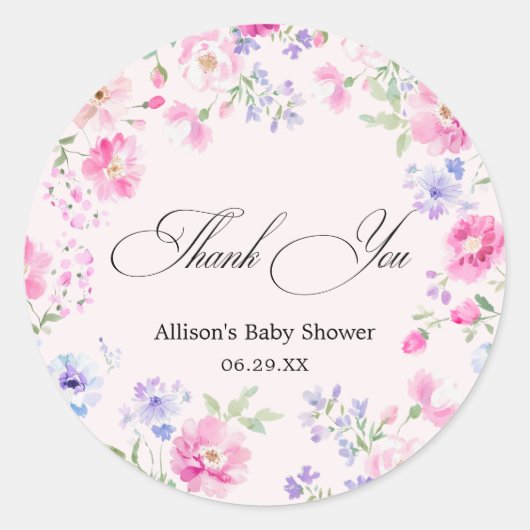 Pastel Pink Floral Baby Shower Thank You ラウンドシール (正面)