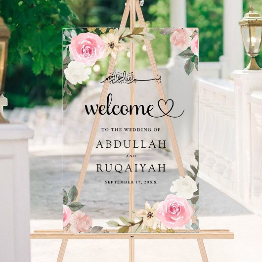 Pastel Pink Floral Muslim Wedding Welcome アクリルサイン