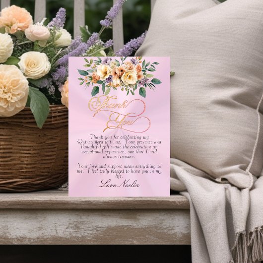 Pastel Pink - Floral & Silver Tiara Quinceanera サンキューカード