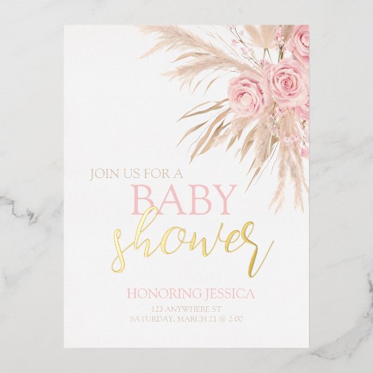 Pastel Pink Flower Baby Shower Invite 箔シーズンポストカード (正面)