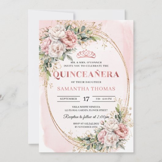 Pastel Pink Flowers Greenery 15th Birthday Invite  招待状 (正面)