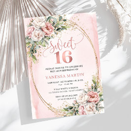 Pastel Pink Flowers Greenery 16th Birthday Invites 招待状