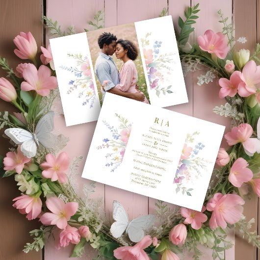 Pastel Pink Flowers Greenery Elegant Spring Photo 招待状
