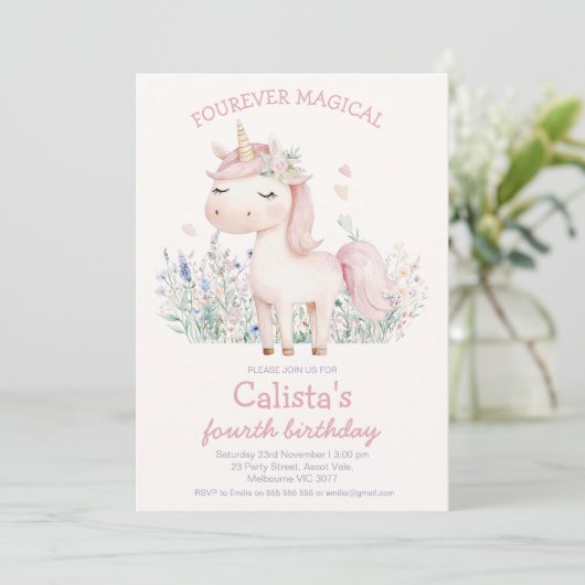 Pastel Pink Fourever Magical Unicorn Birthday 招待状 (スタンド正面)