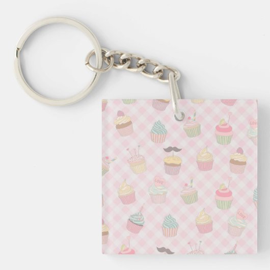 Pastel Pink Gingham Cute Cupcakes Pattern キーホルダー (正面)