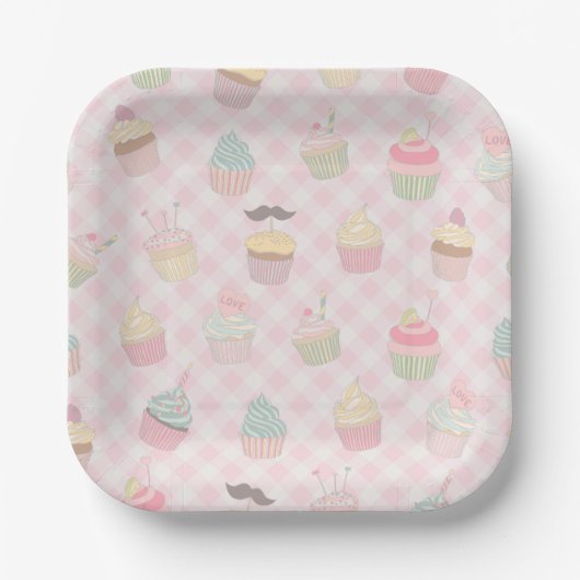 Pastel Pink Gingham Cute Cupcakes Pattern ペーパープレート (正面)