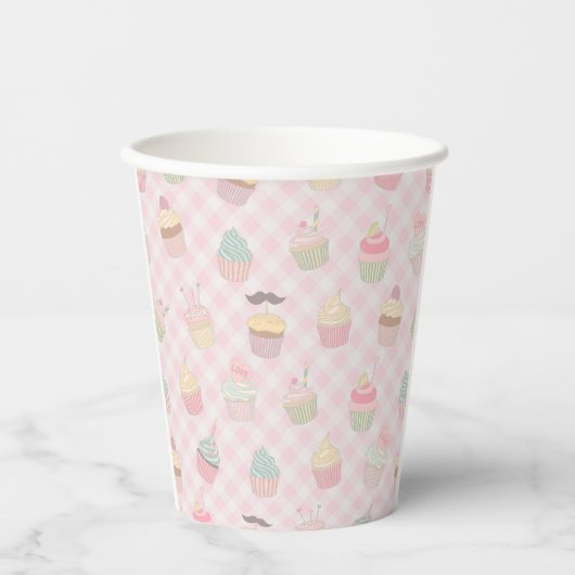 Pastel Pink Gingham Cute Cupcakes Pattern 紙コップ (正面)