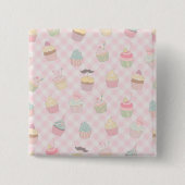 Pastel Pink Gingham Cute Cupcakes Pattern 缶バッジ (正面)