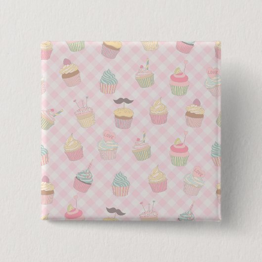 Pastel Pink Gingham Cute Cupcakes Pattern 缶バッジ (正面)