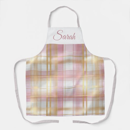 Pastel Pink & Gold Plaid Custom Name Kitchen Apron エプロン (正面)