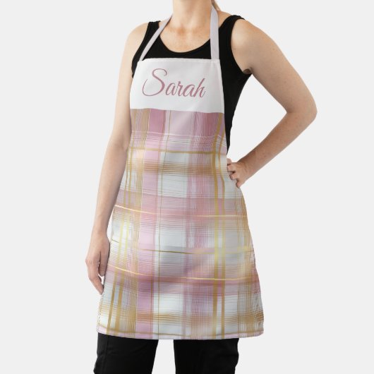 Pastel Pink & Gold Plaid Custom Name Kitchen Apron エプロン (インサイチュ)