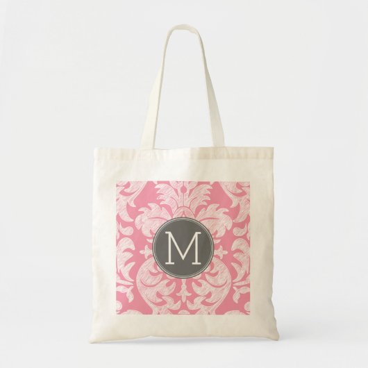 Pastel Pink & Gray Damask Pattern Custom Monogram トートバッグ (正面)