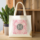Pastel Pink & Gray Damask Pattern Custom Monogram トートバッグ