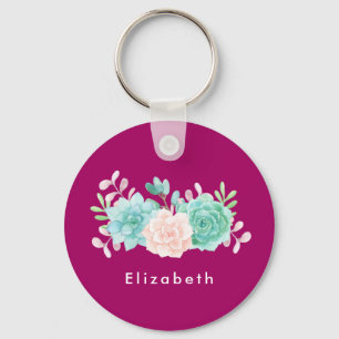 Pastel Pink & Green Floral Bouquet on Magenta Back キーホルダー