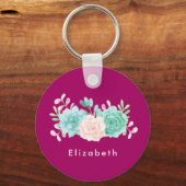 Pastel Pink & Green Floral Bouquet on Magenta Back キーホルダー (正面)