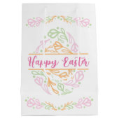 Pastel Pink Green Floral Easter Egg Happy Easter ミディアムペーパーバッグ (裏面)