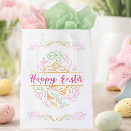 Pastel Pink Green Floral Easter Egg Happy Easter ミディアムペーパーバッグ