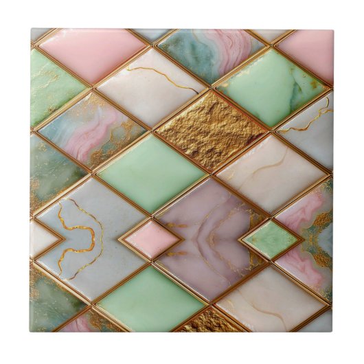 Pastel Pink Green Marble Mosaic Gold Luxury タイル (正面)