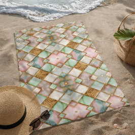 Pastel Pink Green Marble Mosaic Gold Luxury ビーチタオル