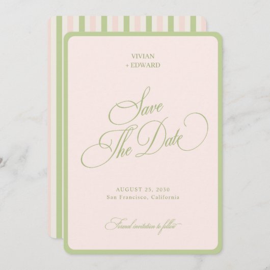 Pastel Pink & Green Stripes Border Retro Wedding セーブザデート (正面/裏面)
