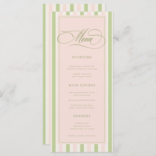 Pastel Pink & Green Stripes Retro Wedding Menu メニュー (正面/裏面)