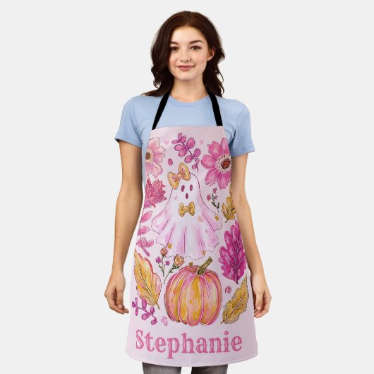 Pastel Pink Halloween Ghost with Custom Name エプロン (着用した状態)