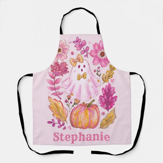 Pastel Pink Halloween Ghost with Custom Name エプロン (正面)