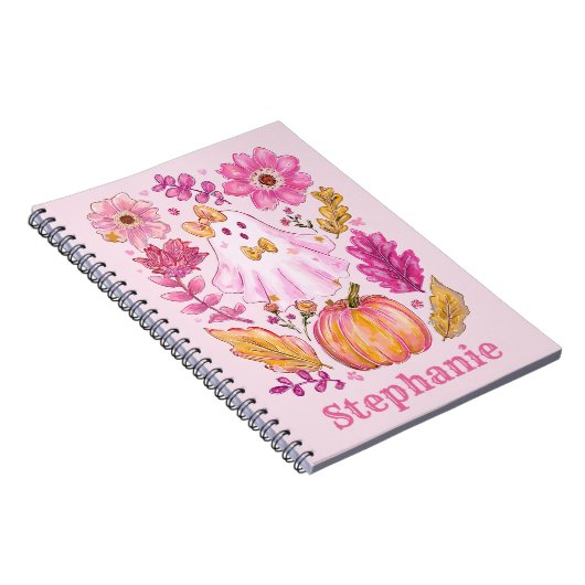 Pastel Pink Halloween Ghost with Custom Name ノートブック (右側)