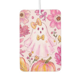 Pastel Pink Halloween Ghost with Flowers and Pumpk カーエアーフレッシュナー