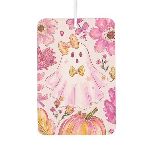 Pastel Pink Halloween Ghost with Flowers and Pumpk カーエアーフレッシュナー (正面)