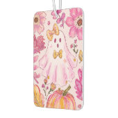 Pastel Pink Halloween Ghost with Flowers and Pumpk カーエアーフレッシュナー (左)