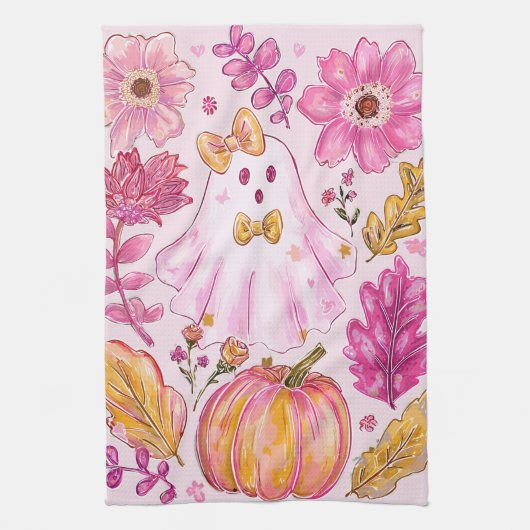Pastel Pink Halloween Ghost with Flowers and Pumpk キッチンタオル (縦)