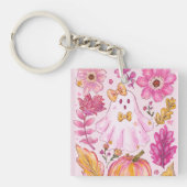 Pastel Pink Halloween Ghost with Flowers and Pumpk キーホルダー (正面)
