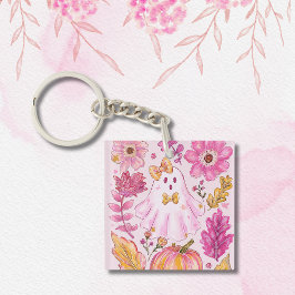 Pastel Pink Halloween Ghost with Flowers and Pumpk キーホルダー