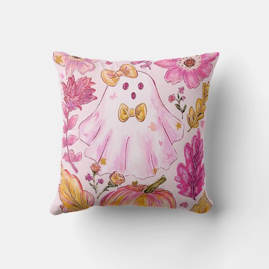 Pastel Pink Halloween Ghost with Flowers and Pumpk クッション (裏面)