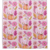 Pastel Pink Halloween Ghost with Flowers and Pumpk シャワーカーテン (正面)