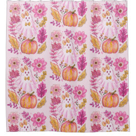 Pastel Pink Halloween Ghost with Flowers and Pumpk シャワーカーテン