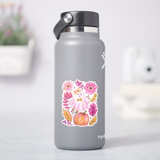 Pastel Pink Halloween Ghost with Flowers and Pumpk シール (HydroFlask)