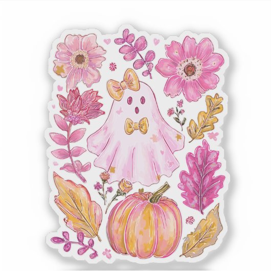 Pastel Pink Halloween Ghost with Flowers and Pumpk シール (正面)