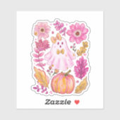 Pastel Pink Halloween Ghost with Flowers and Pumpk シール (シート)