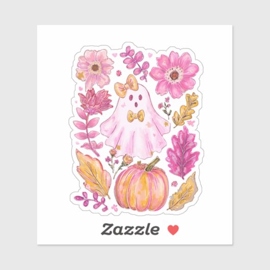 Pastel Pink Halloween Ghost with Flowers and Pumpk シール (シート)