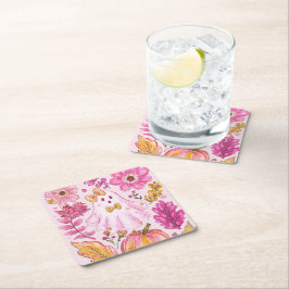 Pastel Pink Halloween Ghost with Flowers and Pumpk スクエアペーパーコースター